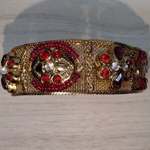 Vintage Gold Tone Mesh Bangle Red Rhinestone Bracelet Wide Statement